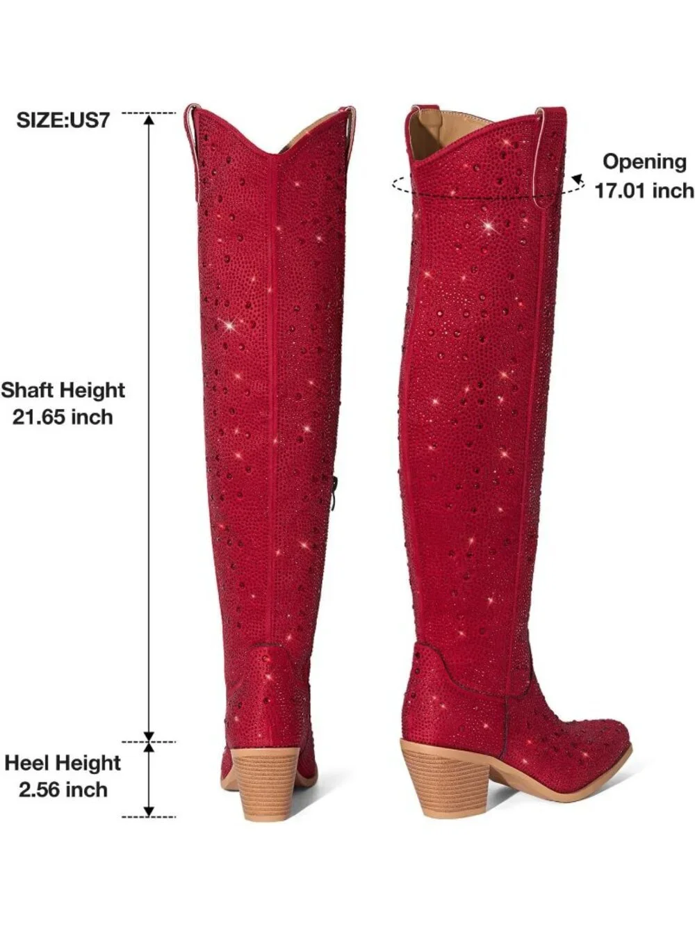 Women's  Red Over Knee Pointed Toe Sparkly Chunky Heel Thigh High Boots